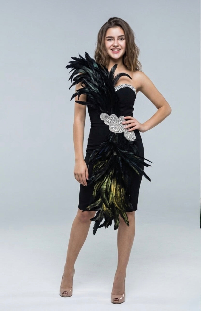 Black Feather Elegance Cocktail Dress